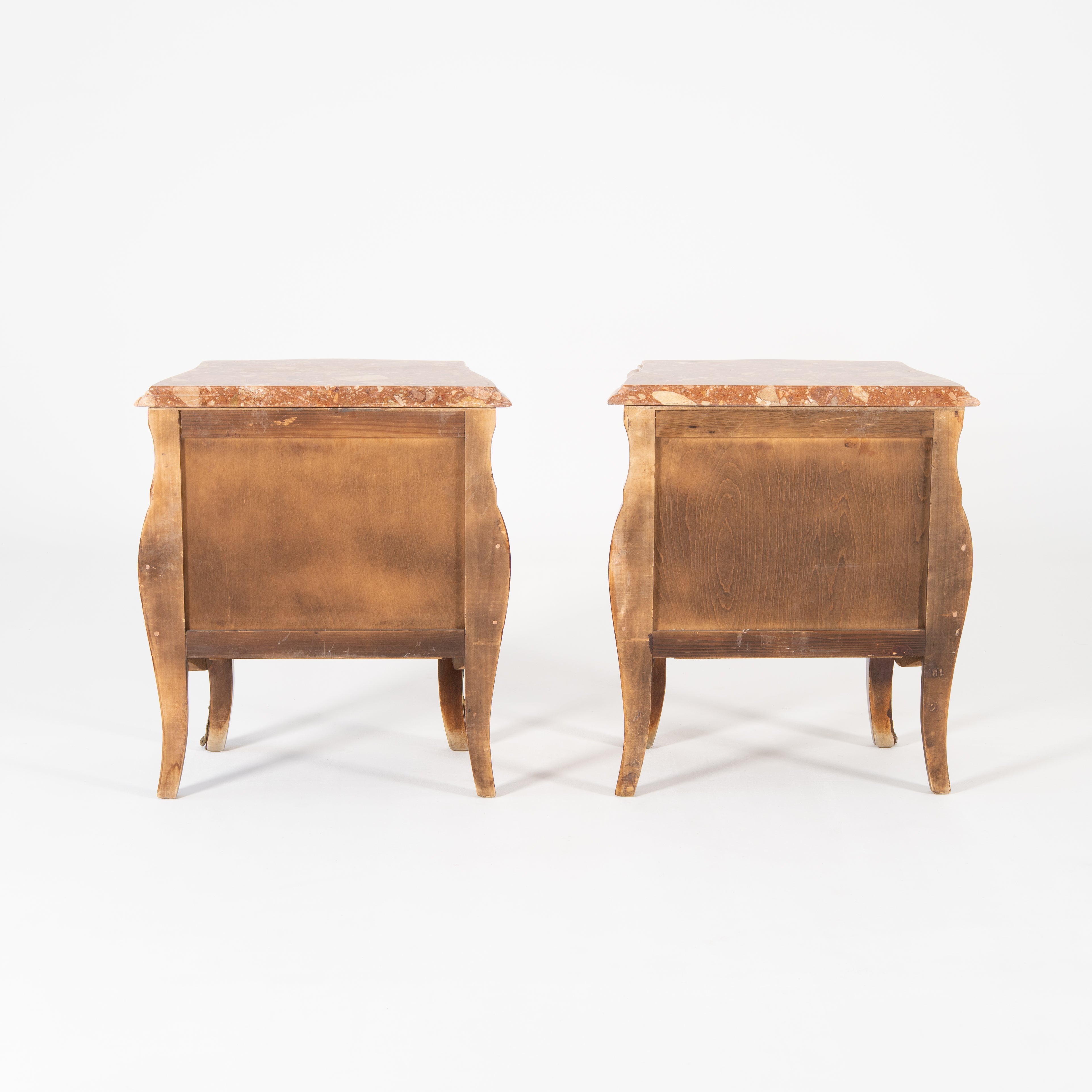 Coppia comodini in bois de roise, bronzo e marmo -xx secolo-
