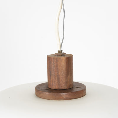 Lampadario in vetro opalino e noce 1950-1960