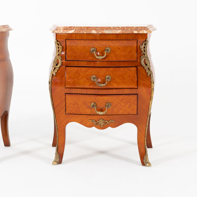 Coppia comodini in bois de roise, bronzo e marmo -xx secolo-