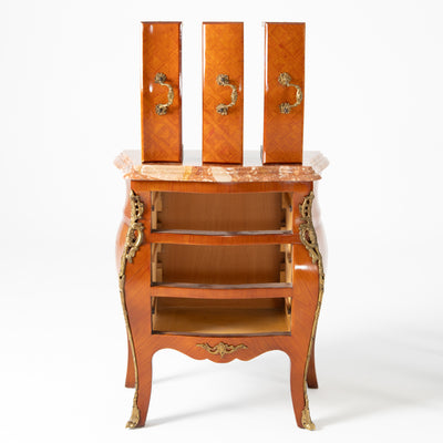 Coppia comodini in bois de roise, bronzo e marmo -xx secolo-